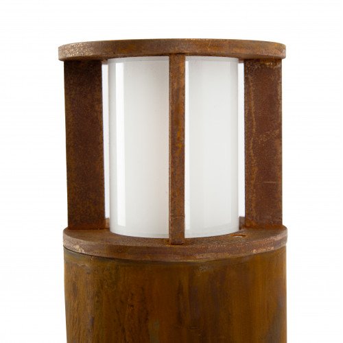 Een bruine robuuste ronde tuinlamp cortenstaal E27 fitting 